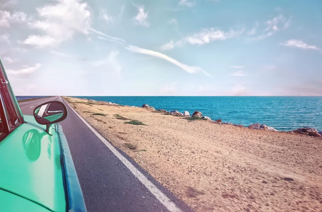 the right side of a green car driving near the sea.