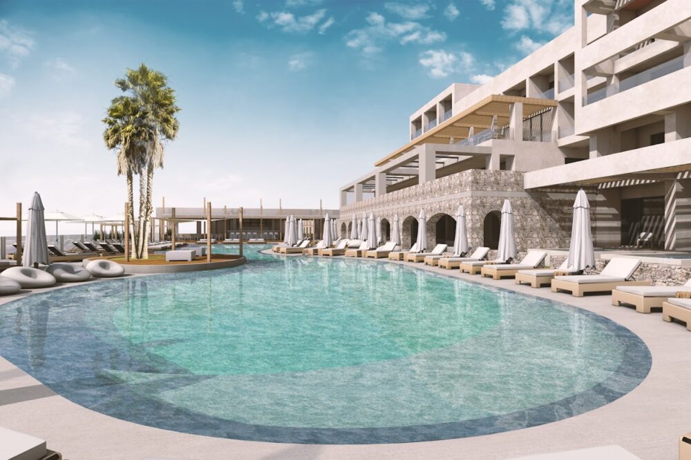 A front view of thepool of Harmony E rock hotel, Agia Fotia, Ierapetra